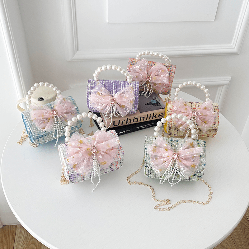 Kids Bow Decor Chain Crossbody Bag Faux Pearl Handbag Small Shoulder Bag