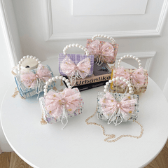 Kids Bow Decor Chain Crossbody Bag Faux Pearl Handbag Small Shoulder Bag