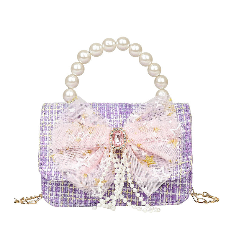 Kids Bow Decor Chain Crossbody Bag Faux Pearl Handbag Small Shoulder Bag