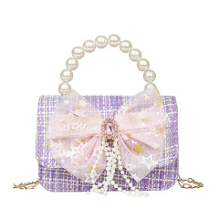 Kids Bow Decor Chain Crossbody Bag Faux Pearl Handbag Small Shoulder Bag