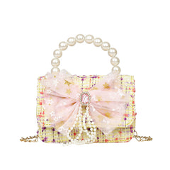 Kids Bow Decor Chain Crossbody Bag Faux Pearl Handbag Small Shoulder Bag
