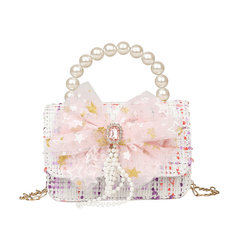 Kids Bow Decor Chain Crossbody Bag Faux Pearl Handbag Small Shoulder Bag