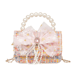 Kids Bow Decor Chain Crossbody Bag Faux Pearl Handbag Small Shoulder Bag
