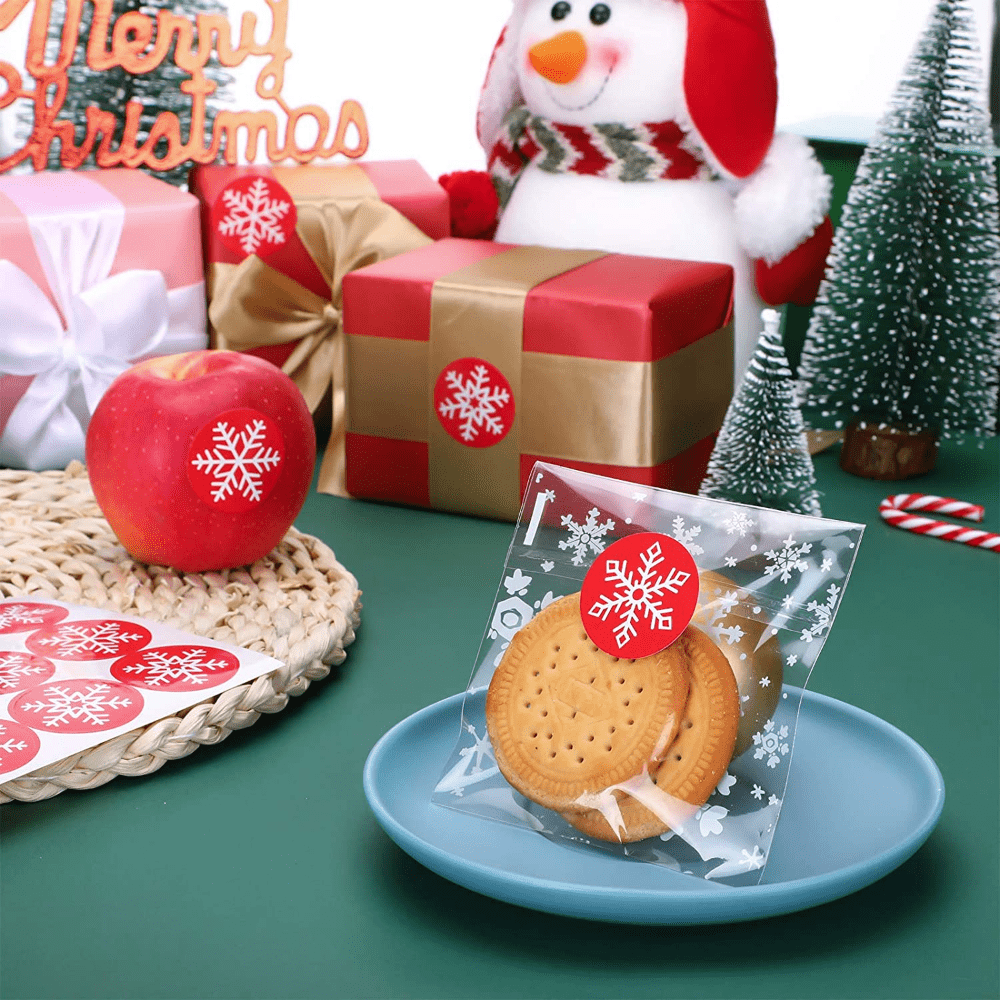 120 Red Christmas Snowflake Seal Stickers for Candy Cookie Bag