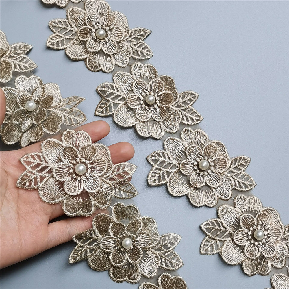 10pcs Golden Pearl Flower Embroidered Lace Edge Trim Ribbon Sewing Craft