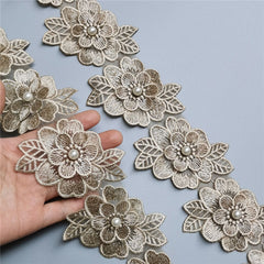 10pcs Golden Pearl Flower Embroidered Lace Edge Trim Ribbon Sewing Craft