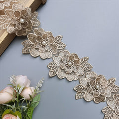 10pcs Golden Pearl Flower Embroidered Lace Edge Trim Ribbon Sewing Craft