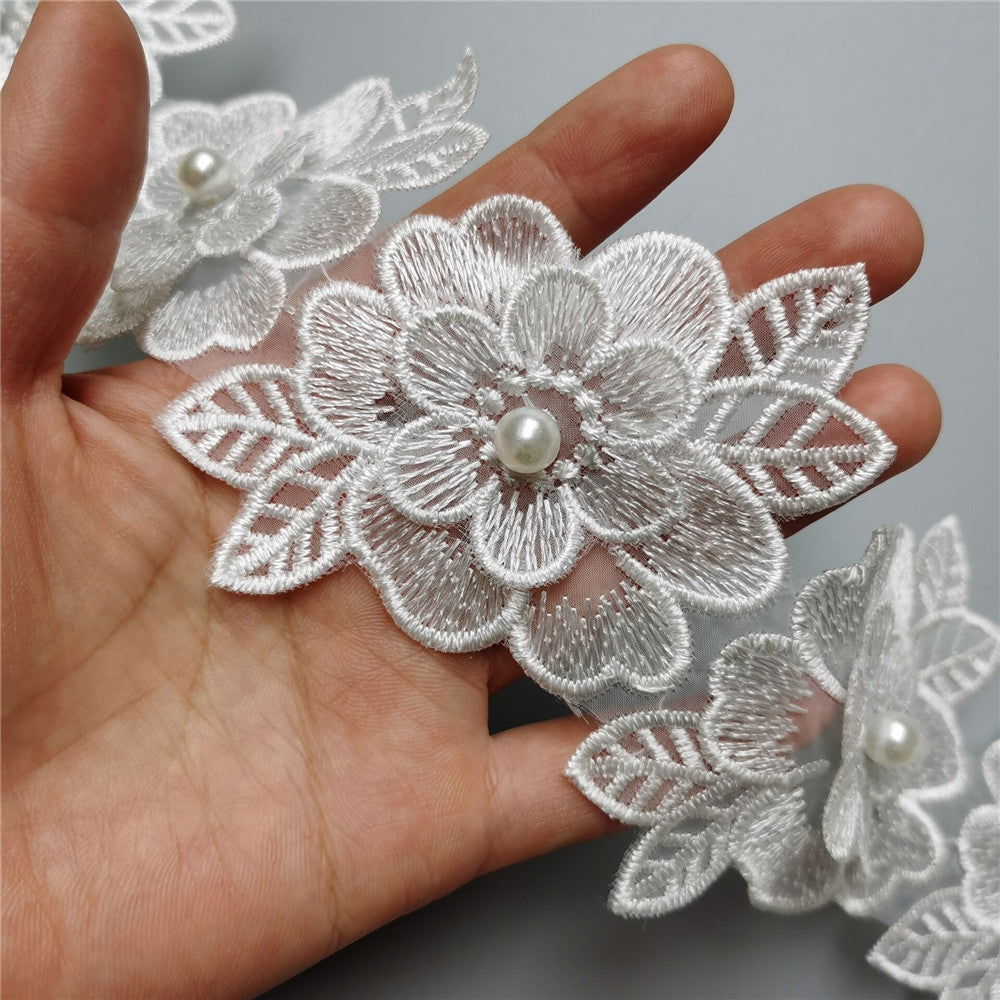 10pcs Golden Pearl Flower Embroidered Lace Edge Trim Ribbon Sewing Craft