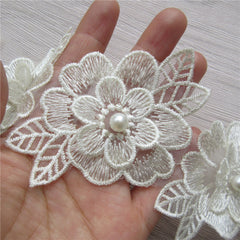 10pcs Golden Pearl Flower Embroidered Lace Edge Trim Ribbon Sewing Craft