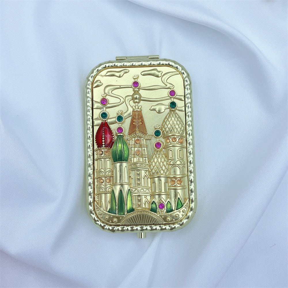 Vintage 3D Castle Makeup Mirror with Rhinestones