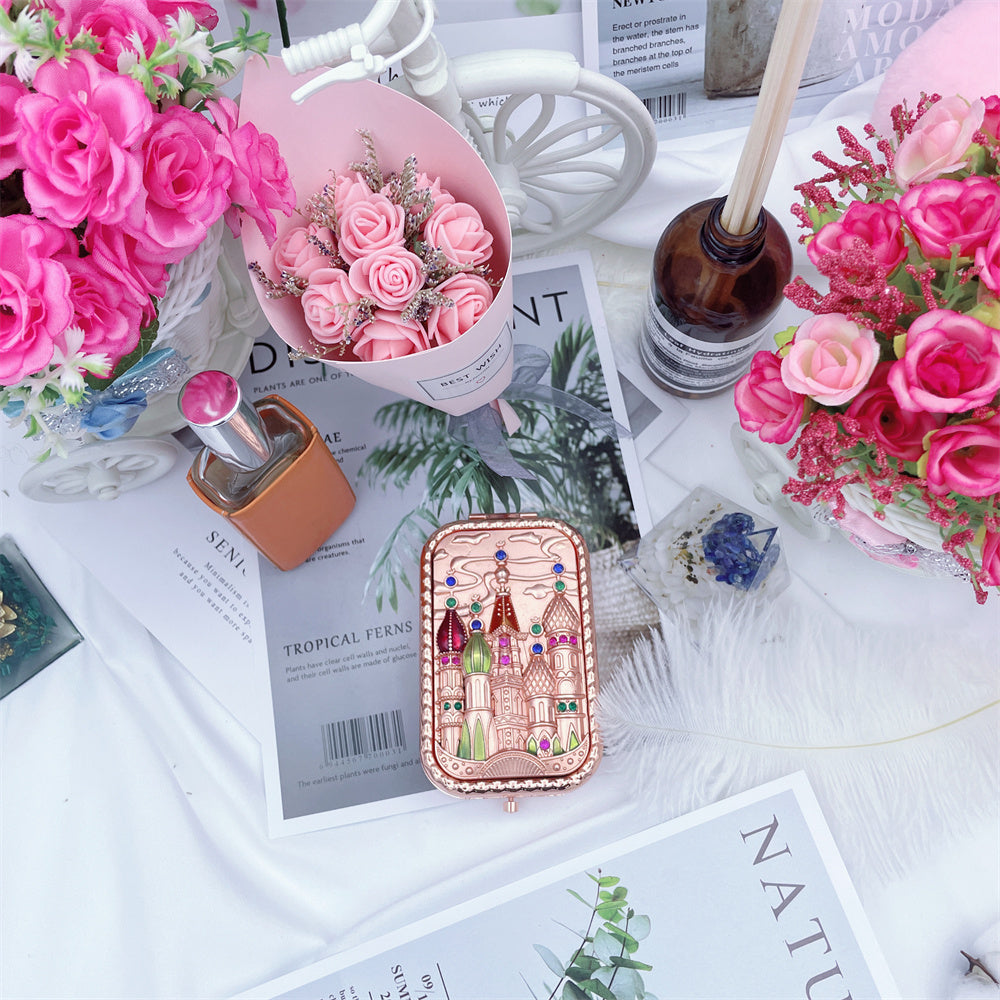 Vintage 3D Castle Makeup Mirror with Rhinestones