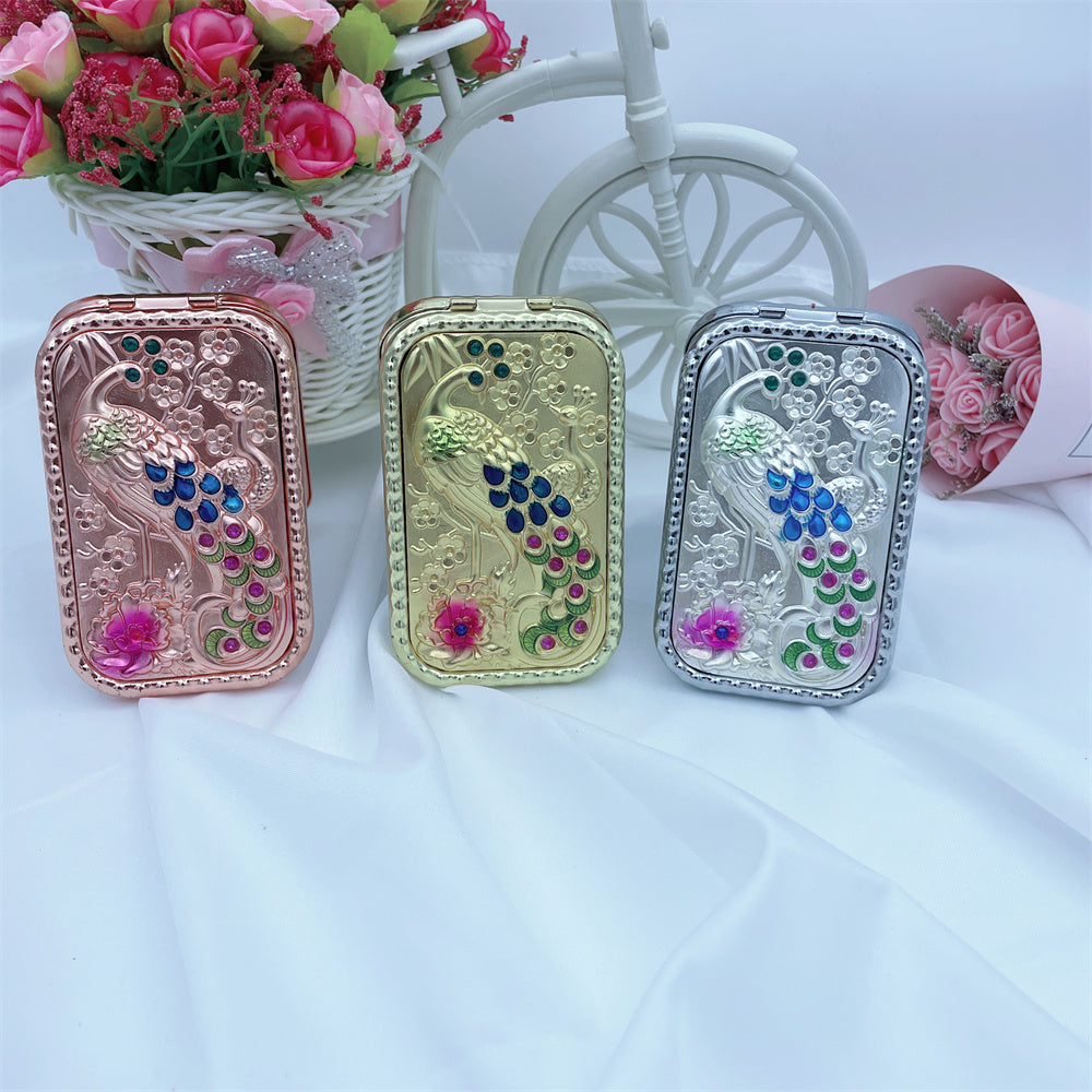 Vintage Peacock Vanity Mirror Compact Magnifying Glass Rhinestones Metal