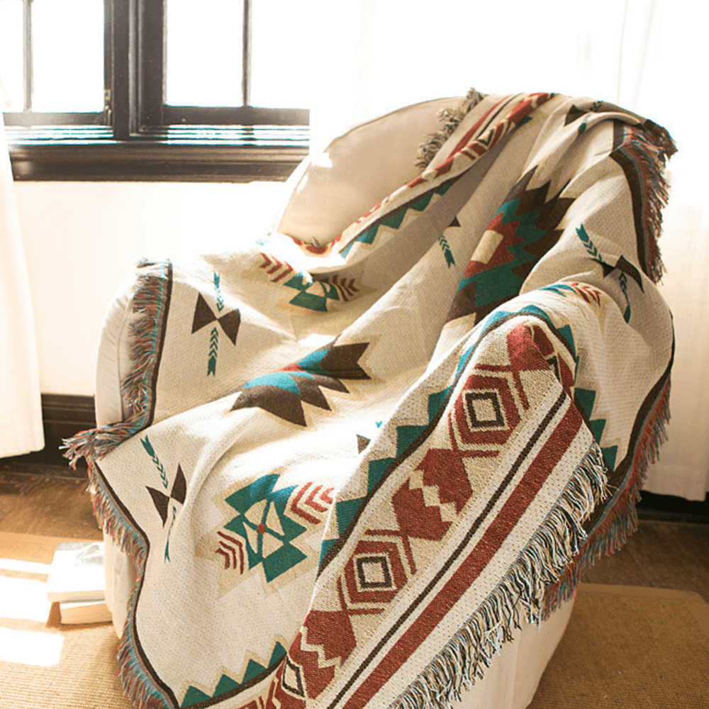 Boho Tassel Linen Outdoor Blanket Plaid Sofa Mat Vintage Charm