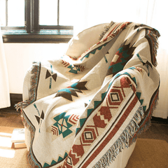 Boho Tassel Linen Outdoor Blanket Plaid Sofa Mat Vintage Charm