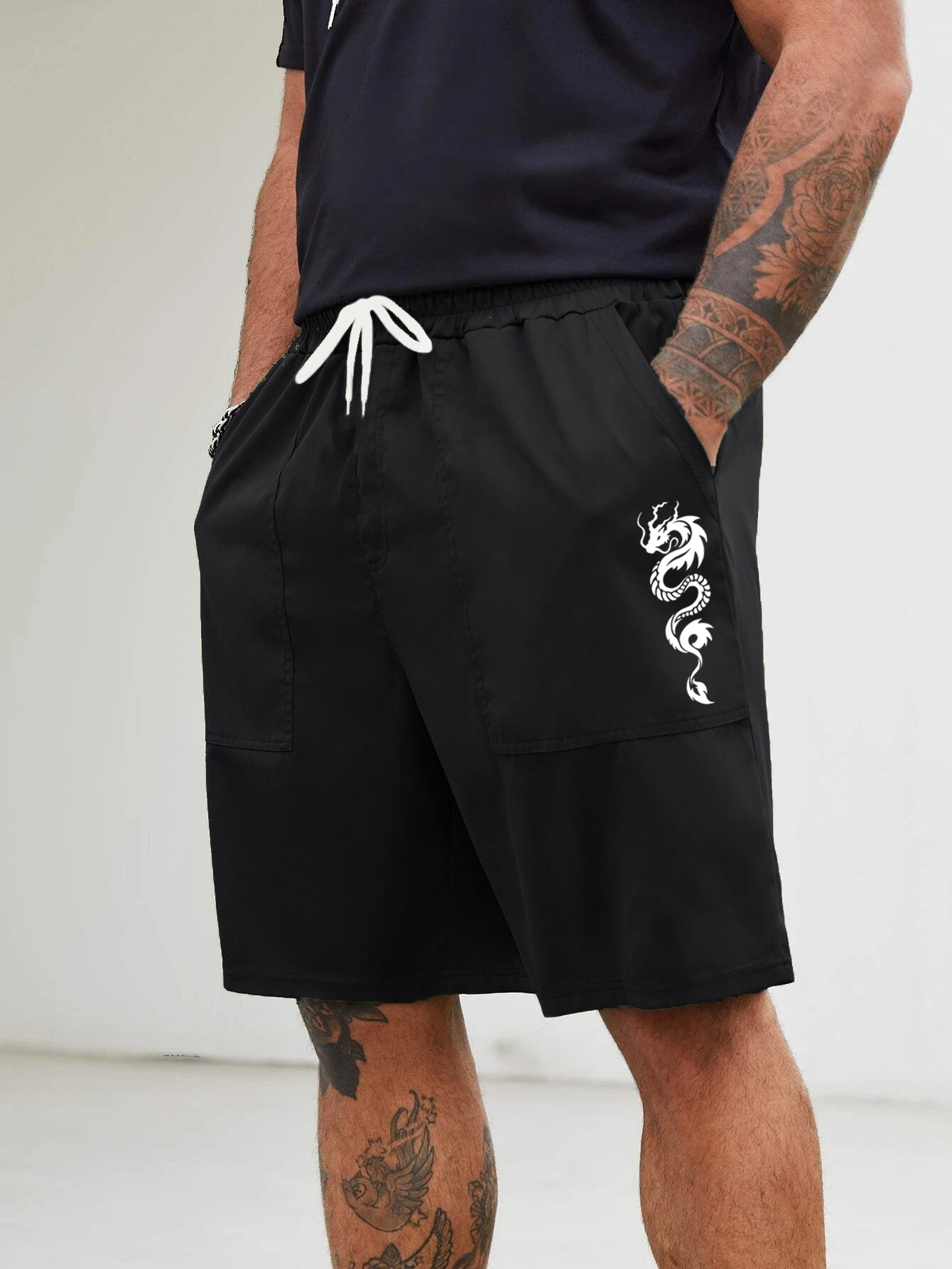 Men's Lightweight Dragon Graphic Cargo Shorts Casual Elastic Waist