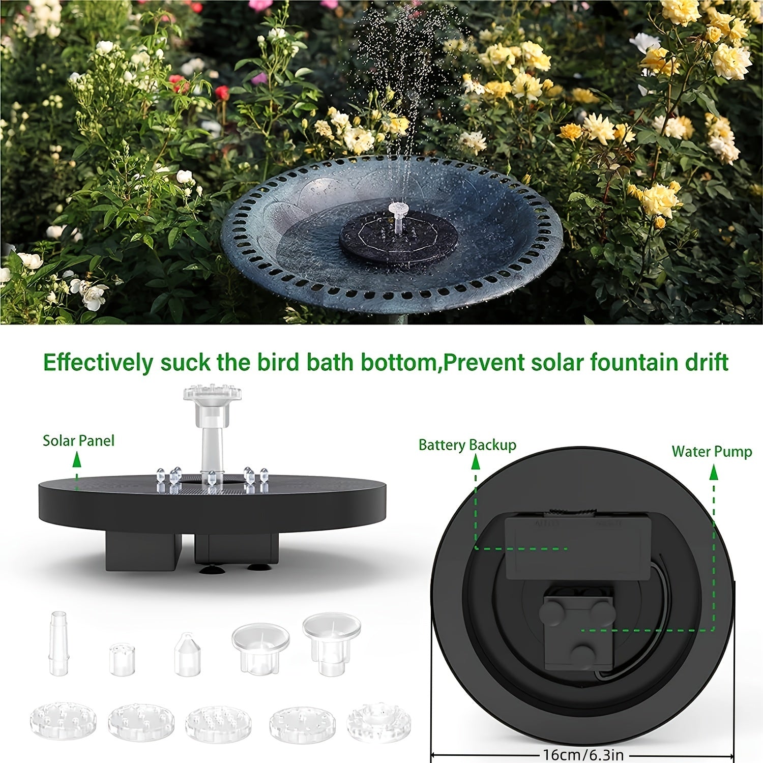 3W LED Solar Bird Bath Fountains, 1500mAh Pump, 6 Nozzles, 6 Styles
