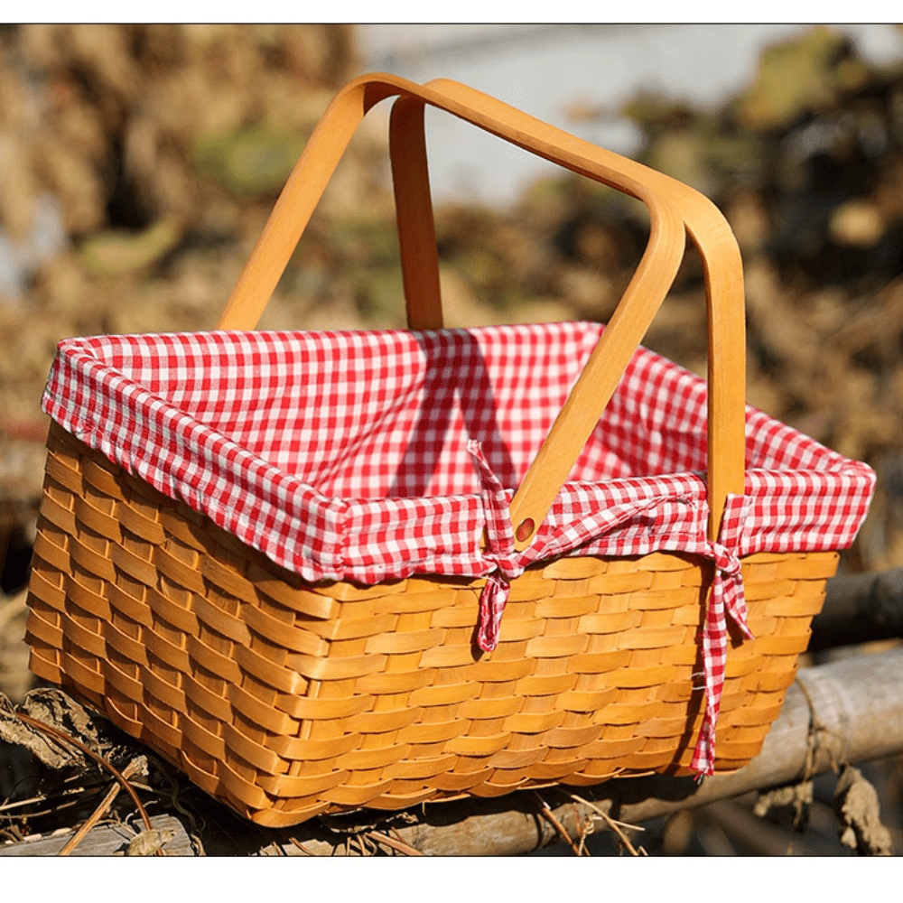 Willow Picnic Basket with Red Checkered Blanket Lining