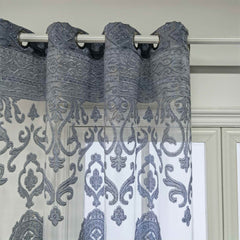 European Jacquard Sheer Curtains Grey Tulle Grommet Top Drapes