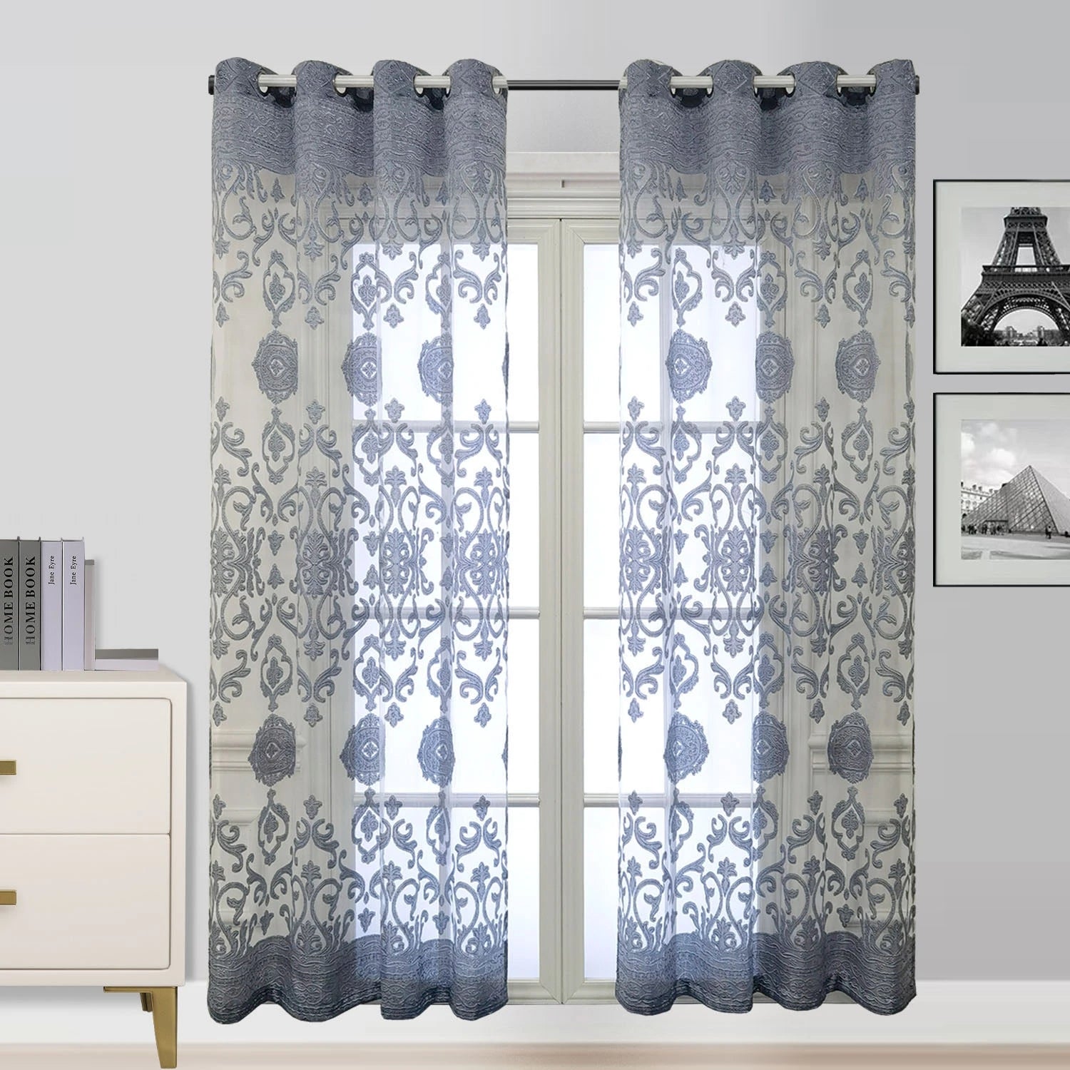 European Jacquard Sheer Curtains Grey Tulle Grommet Top Drapes