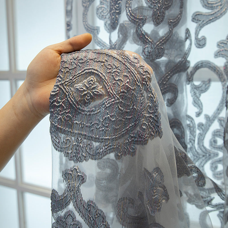 European Jacquard Sheer Curtains Grey Tulle Grommet Top Drapes