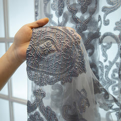 European Jacquard Sheer Curtains Grey Tulle Grommet Top Drapes