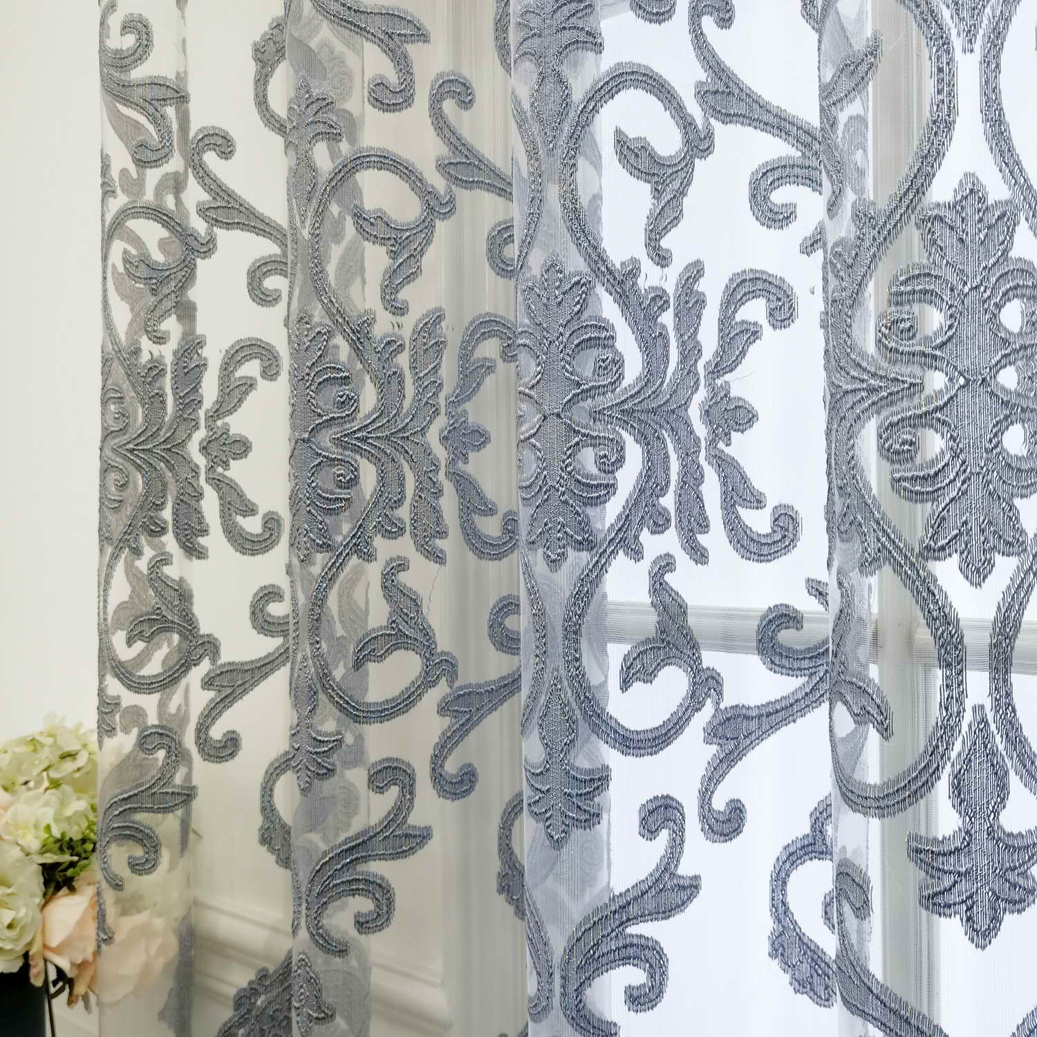 European Jacquard Sheer Curtains Grey Tulle Grommet Top Drapes
