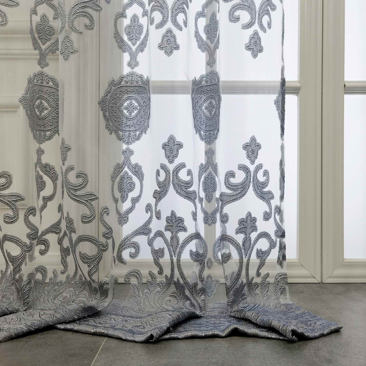 European Jacquard Sheer Curtains Grey Tulle Grommet Top Drapes