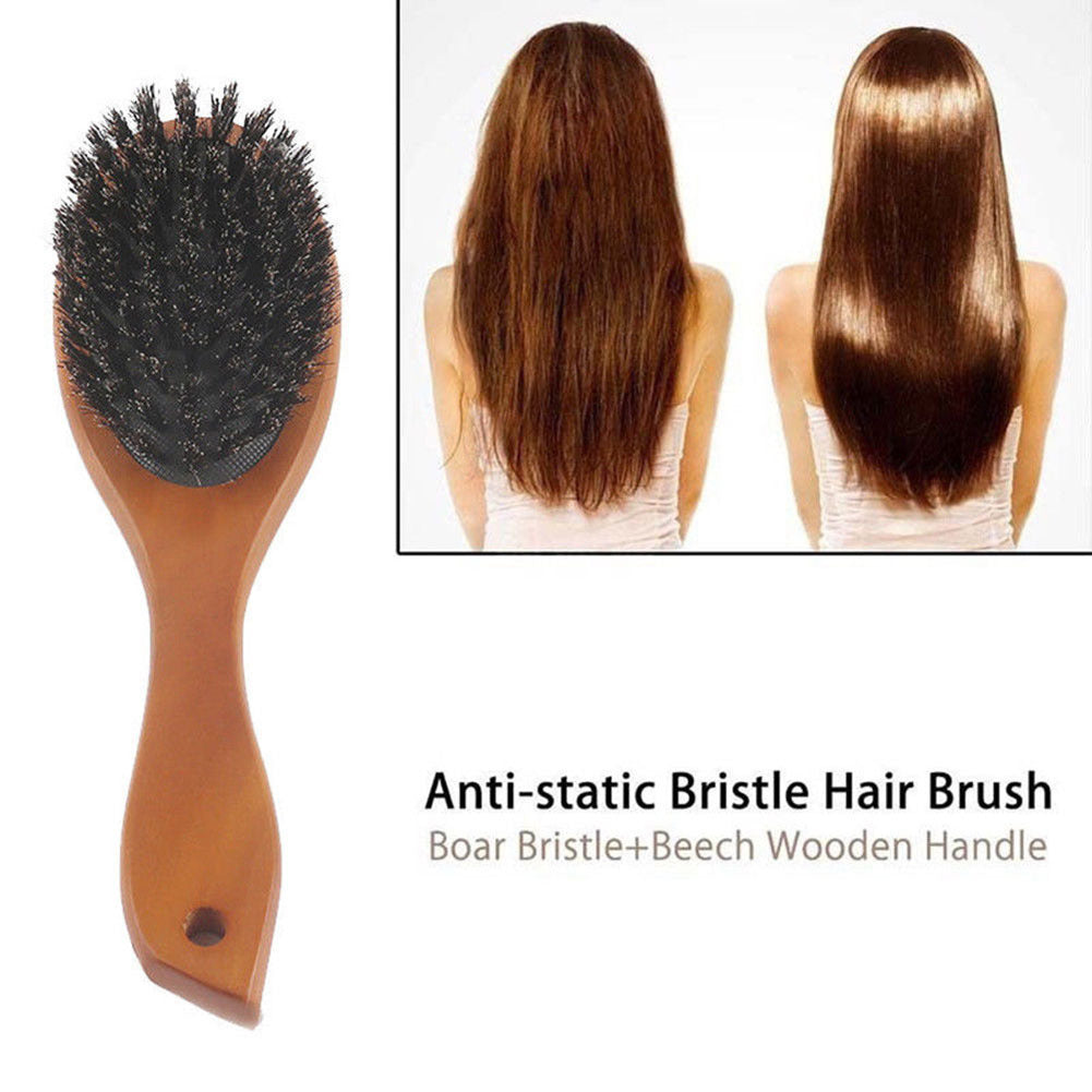 Natural Boar Bristle Hairbrush Wooden Handle Healthy Hair Growth