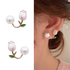 Pink Tulip Flower Stud Earrings with Faux Pearls