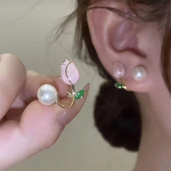 Pink Tulip Flower Stud Earrings with Faux Pearls