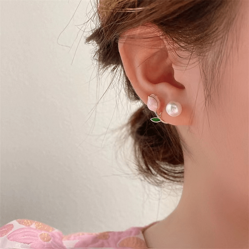 Pink Tulip Flower Stud Earrings with Faux Pearls