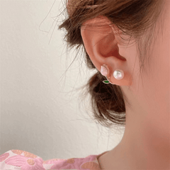 Pink Tulip Flower Stud Earrings with Faux Pearls