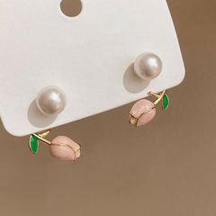 Pink Tulip Flower Stud Earrings with Faux Pearls