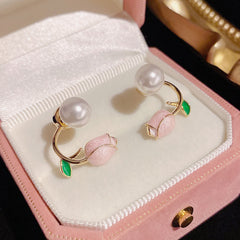 Pink Tulip Flower Stud Earrings with Faux Pearls