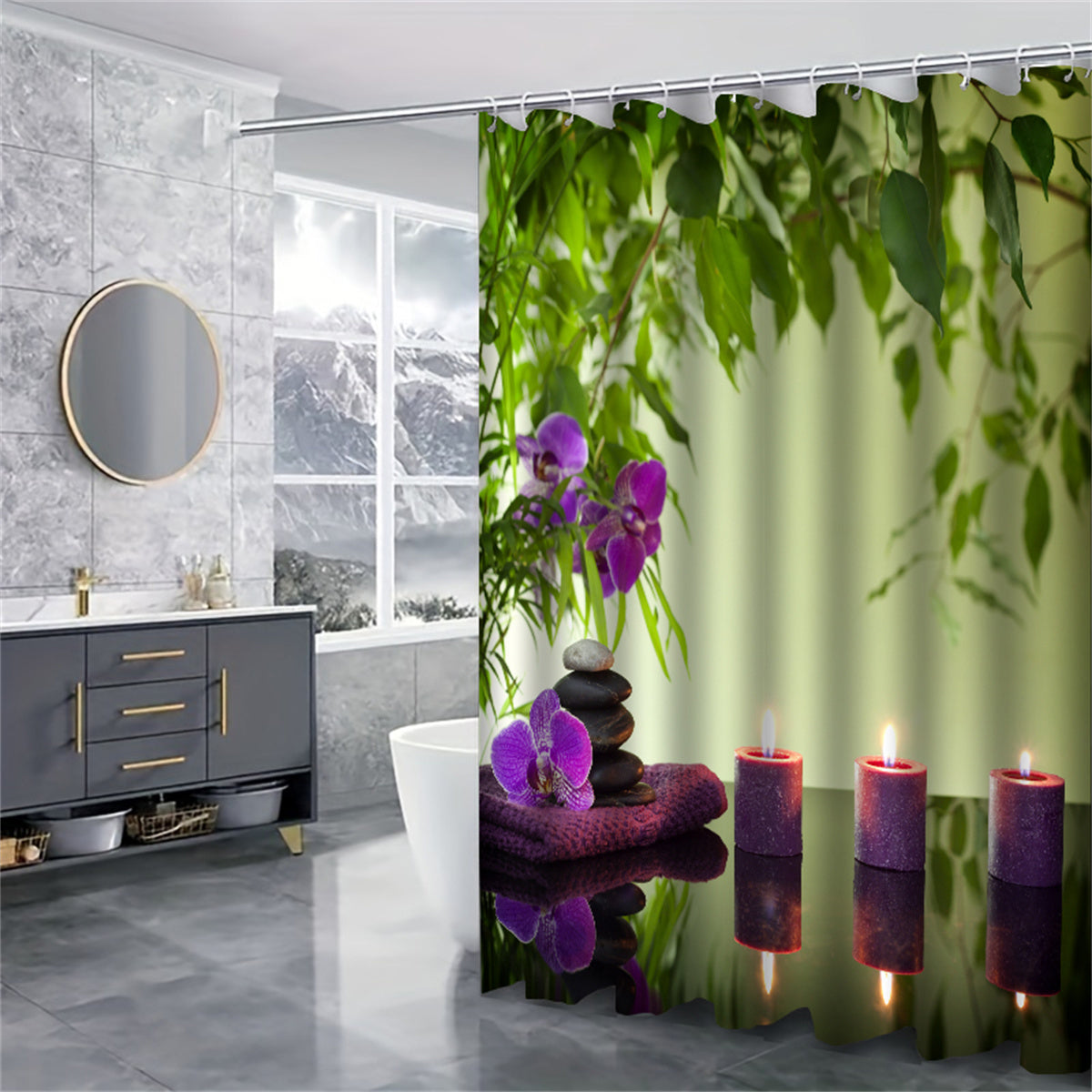 4pc Printed Bathroom Set Waterproof Shower Curtain & Rug