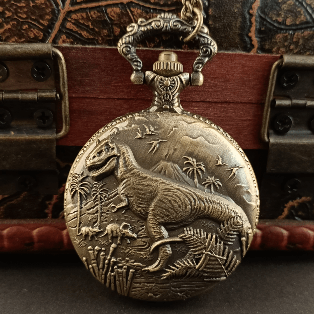 Vintage Punk Dinosaur Pocket Watch Necklace Pendant Clock