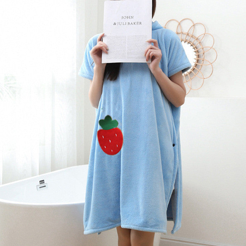 Strawberry Embroidery Bathrobe Quick Drying Absorbent Wrap Towel With Hood