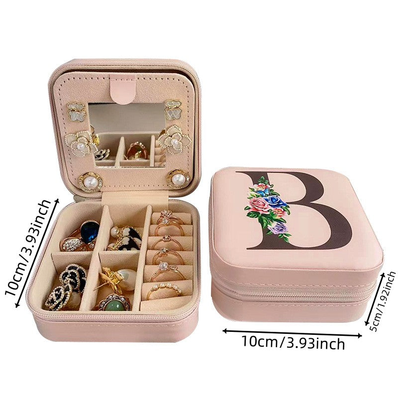 Square Mirror Jewelry Box PU Leather Earrings Rings Holder