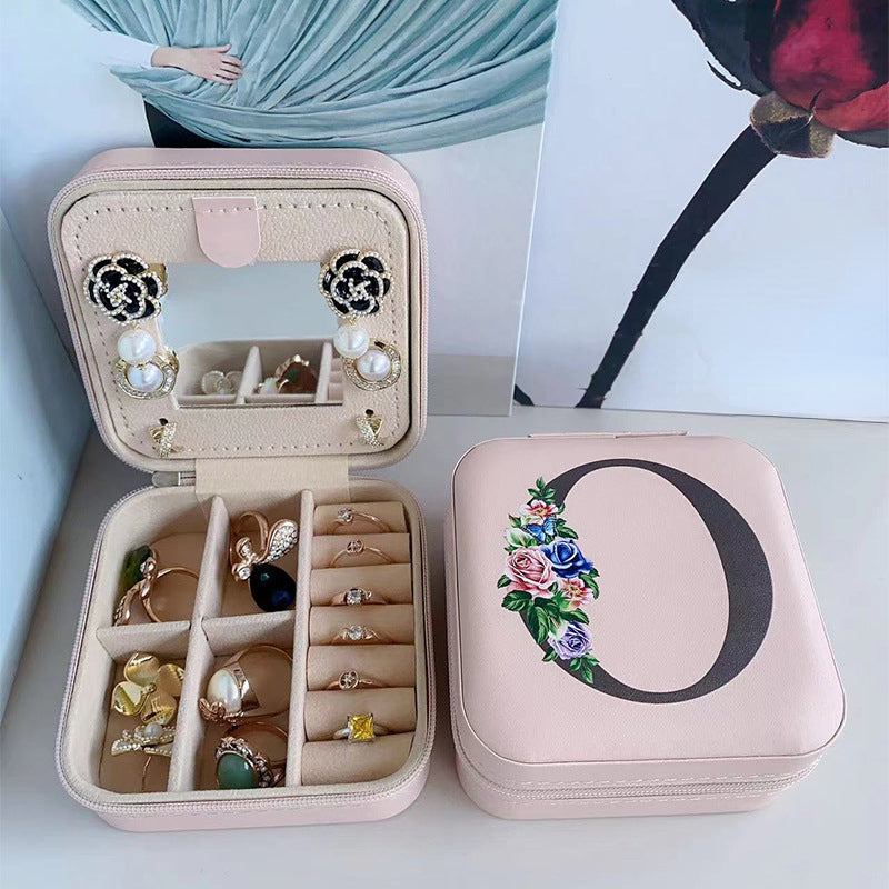 Square Mirror Jewelry Box PU Leather Earrings Rings Holder