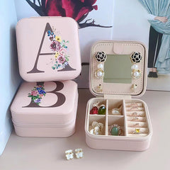 Square Mirror Jewelry Box PU Leather Earrings Rings Holder
