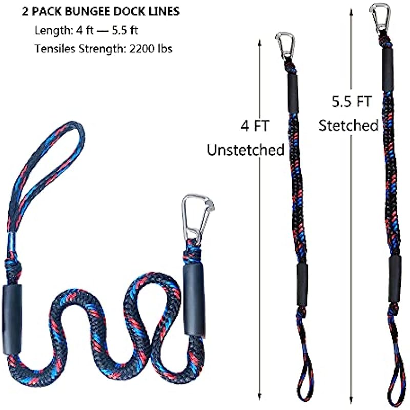 4ft Bungee Dock Lines - Secure Your Boat - Stainless Steel Snap Hooks