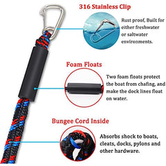 4ft Bungee Dock Lines - Secure Your Boat - Stainless Steel Snap Hooks