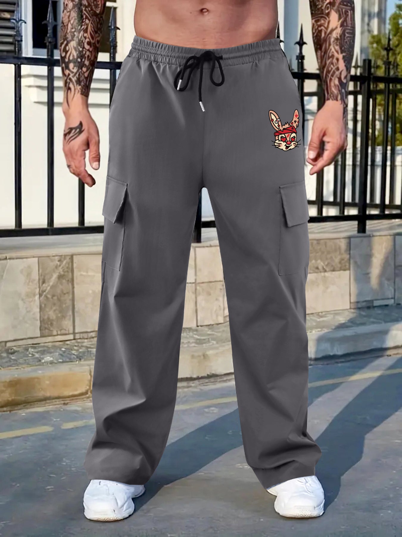 Pattern & Letter Print Straight Leg Cargo Pants