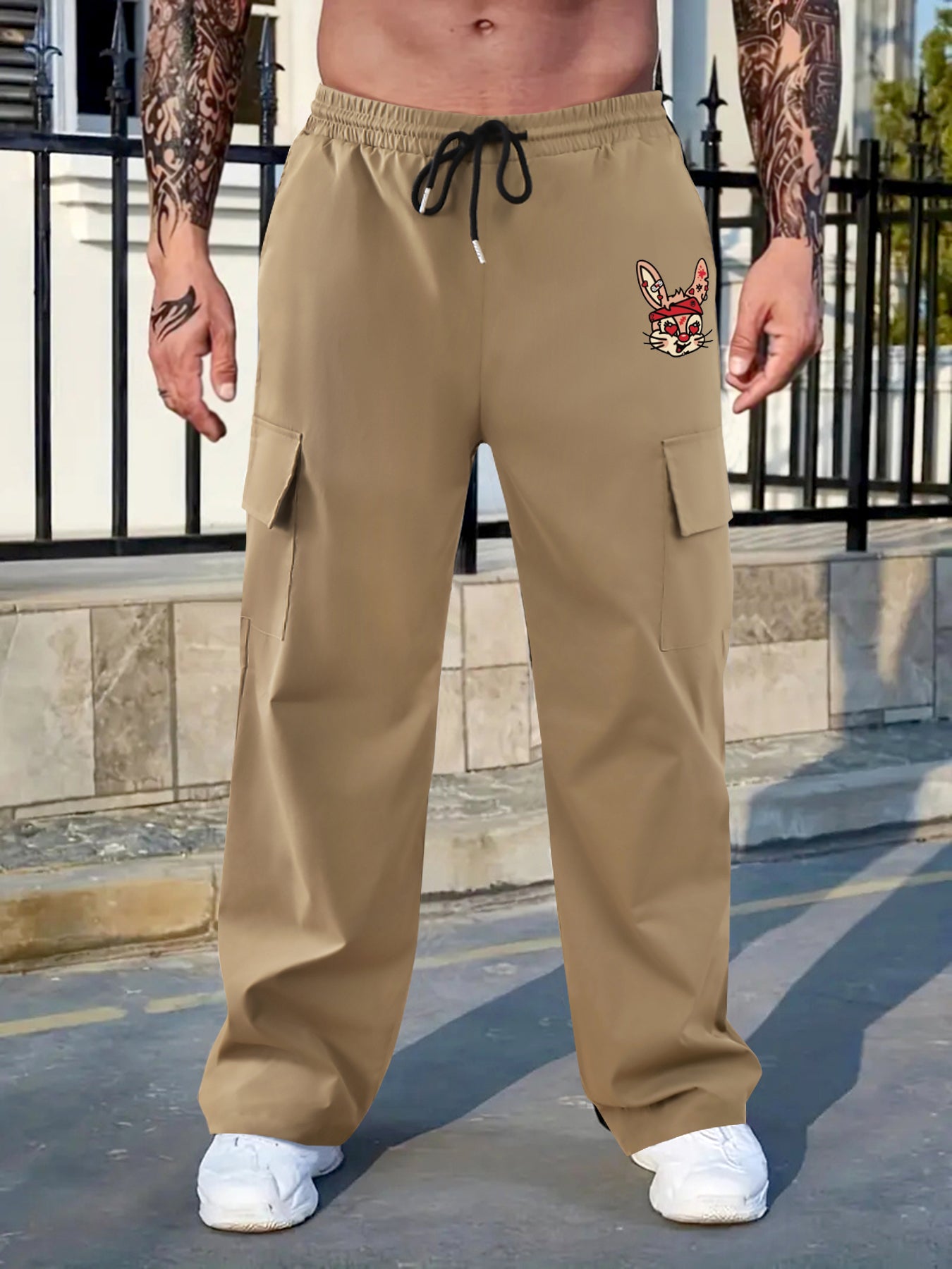 Pattern & Letter Print Straight Leg Cargo Pants