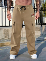 Pattern & Letter Print Straight Leg Cargo Pants