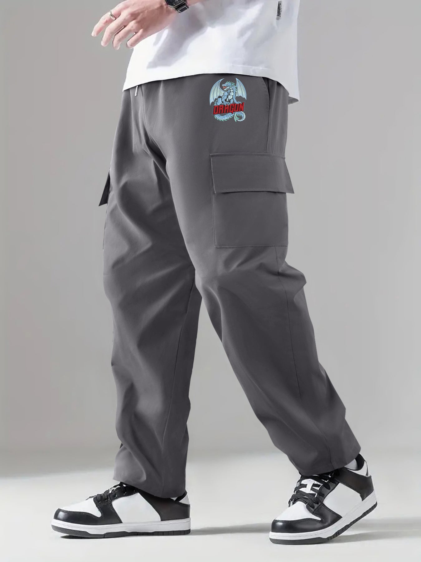 Letter Print Solid Cargo Pants Men's Work Pants