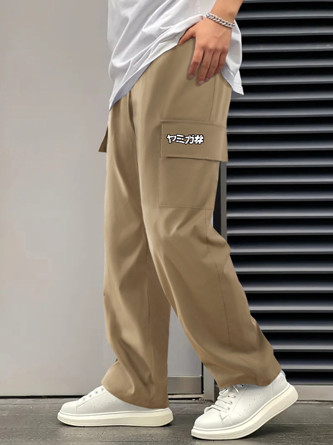 Letter Print Solid Cargo Pants Men's Work Pants