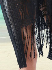 V Neck Cover Up Dress Fringe Trim Beachwear Dress