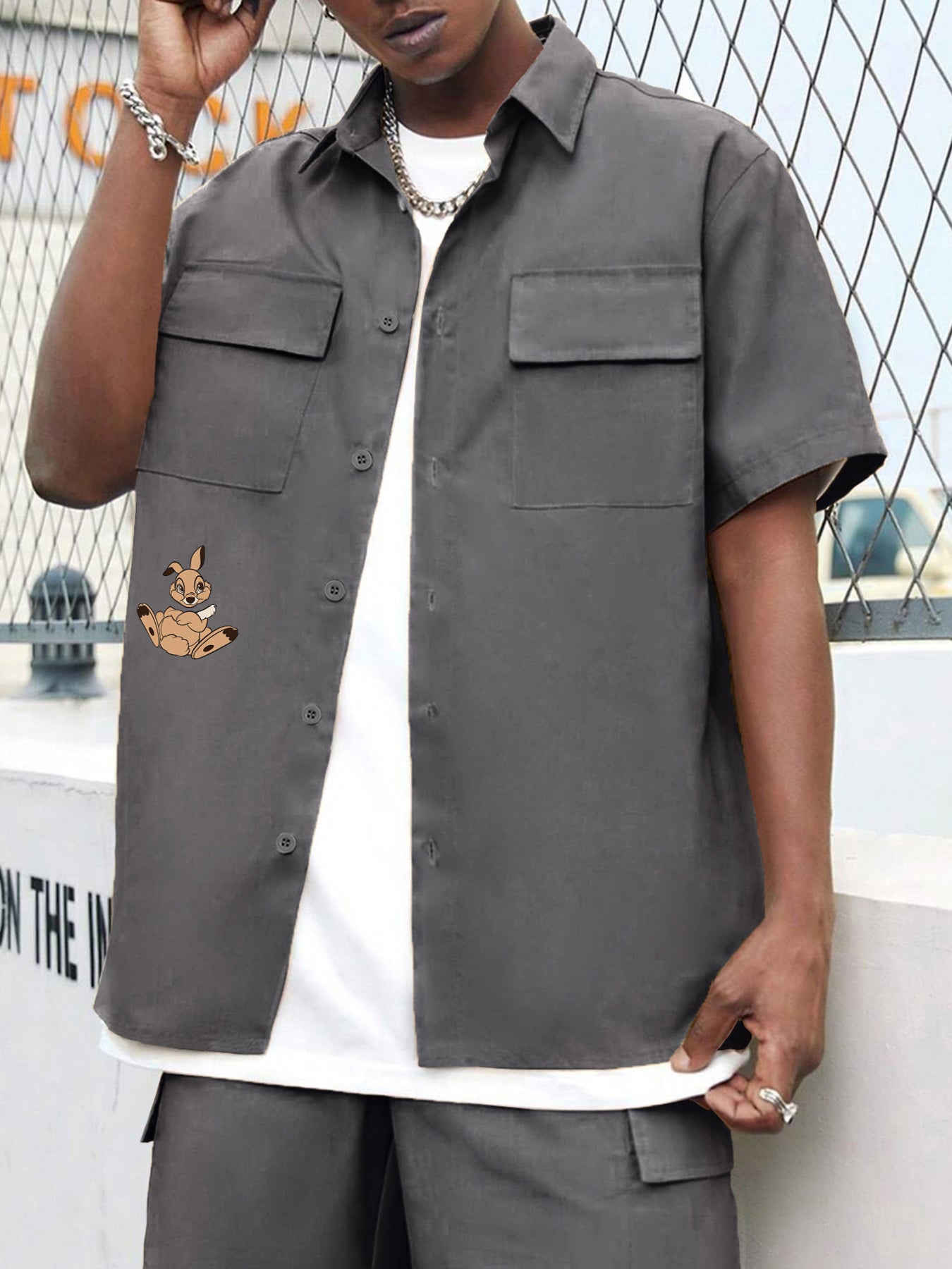 Money Jar Skeleton Bunny Casual Short Sleeve Cargo Shirt