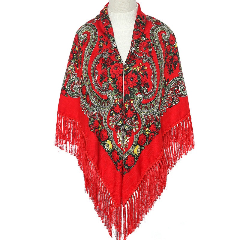 Boho Retro Large Square Scarf Floral Printing Tassel Headband Winter Shawl